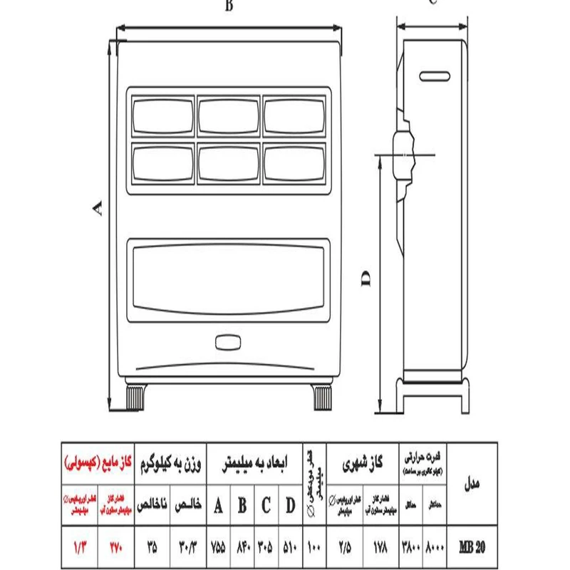 بخاری گازی نیک کالا مدل  مهتاب کد MB-20